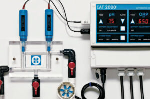 Digital control panel displaying various electronic devices for commercial pool service management